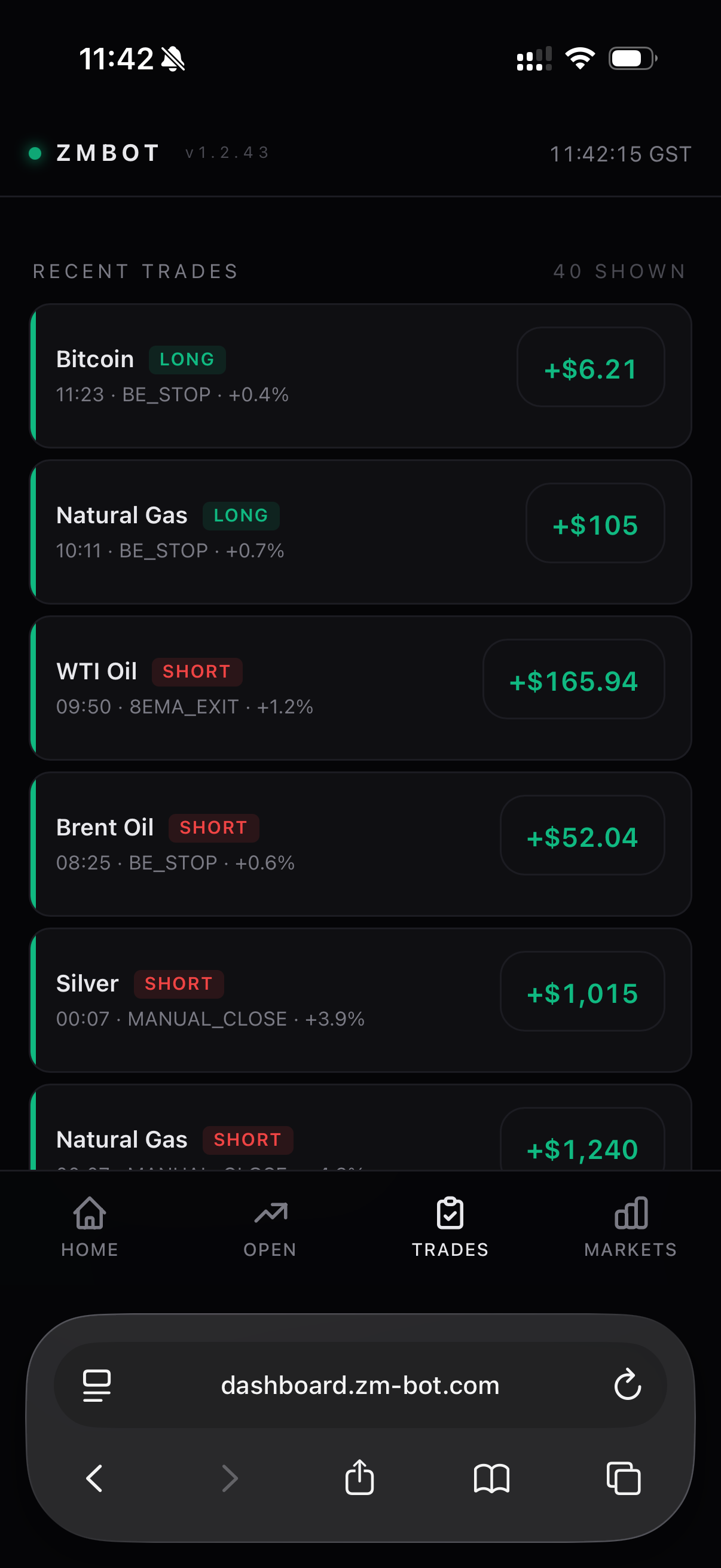 ZMBOT mobile dashboard — Recent trades feed showing Bitcoin, Natural Gas, WTI Oil, Brent, Silver wins with timestamps and exit reasons